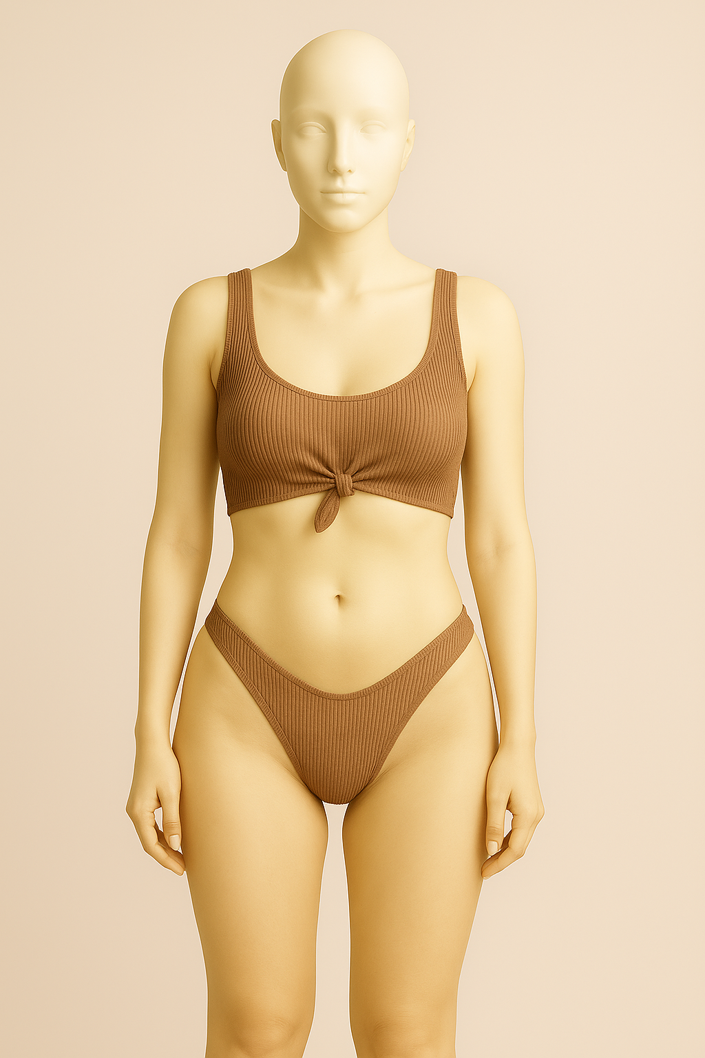 Ribbed Mocha Tie-Front Bikini Set