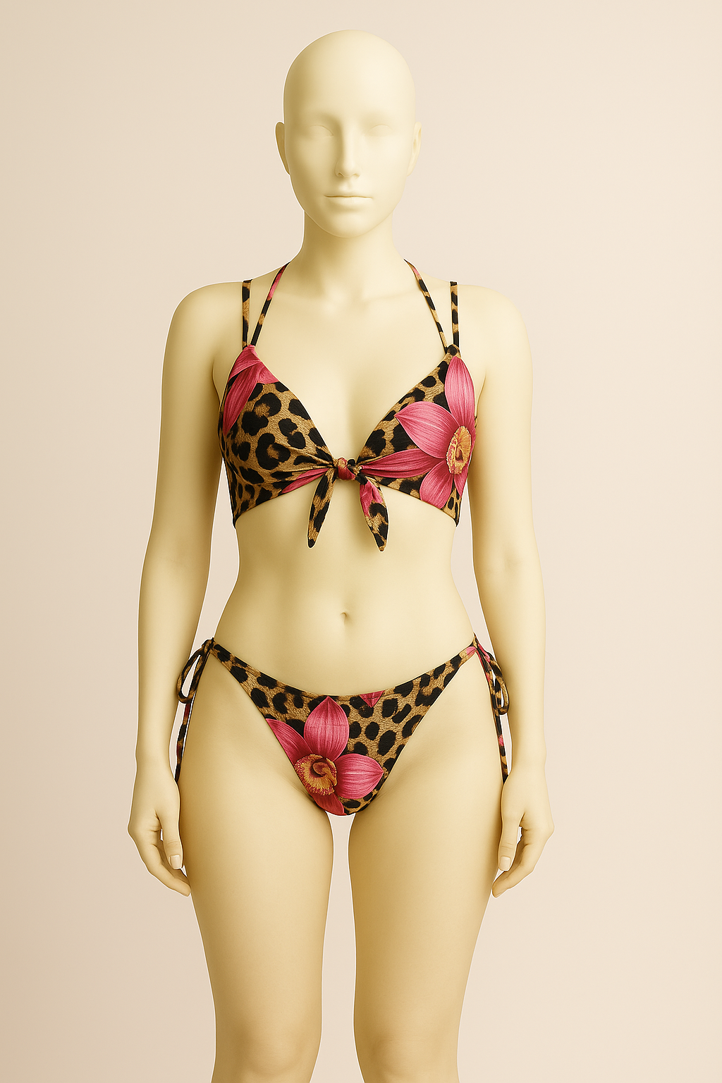 Leopard & Pink Orchid Tie-Side Bikini Set