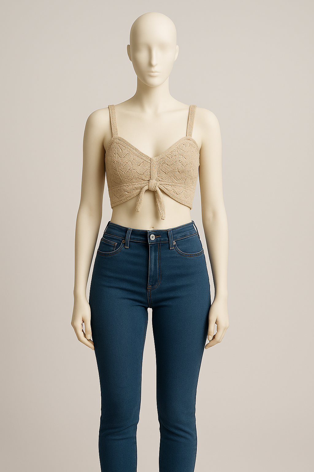 Beige Textured Drawstring Crop