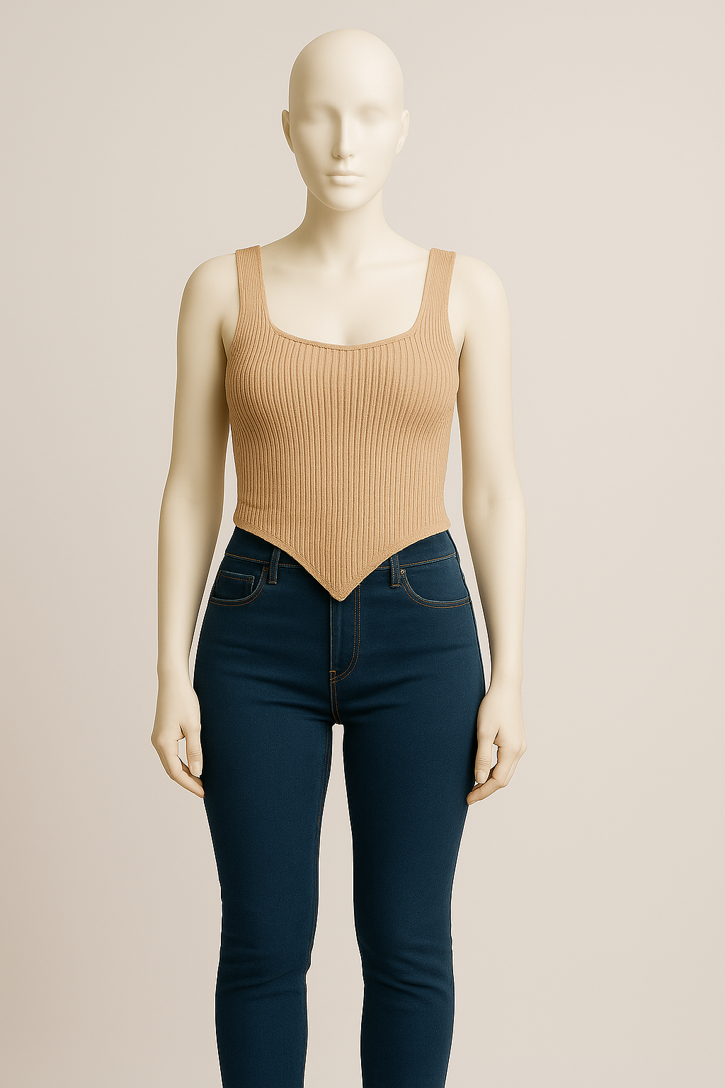 Camel Ribbed Pointed Hem Tank