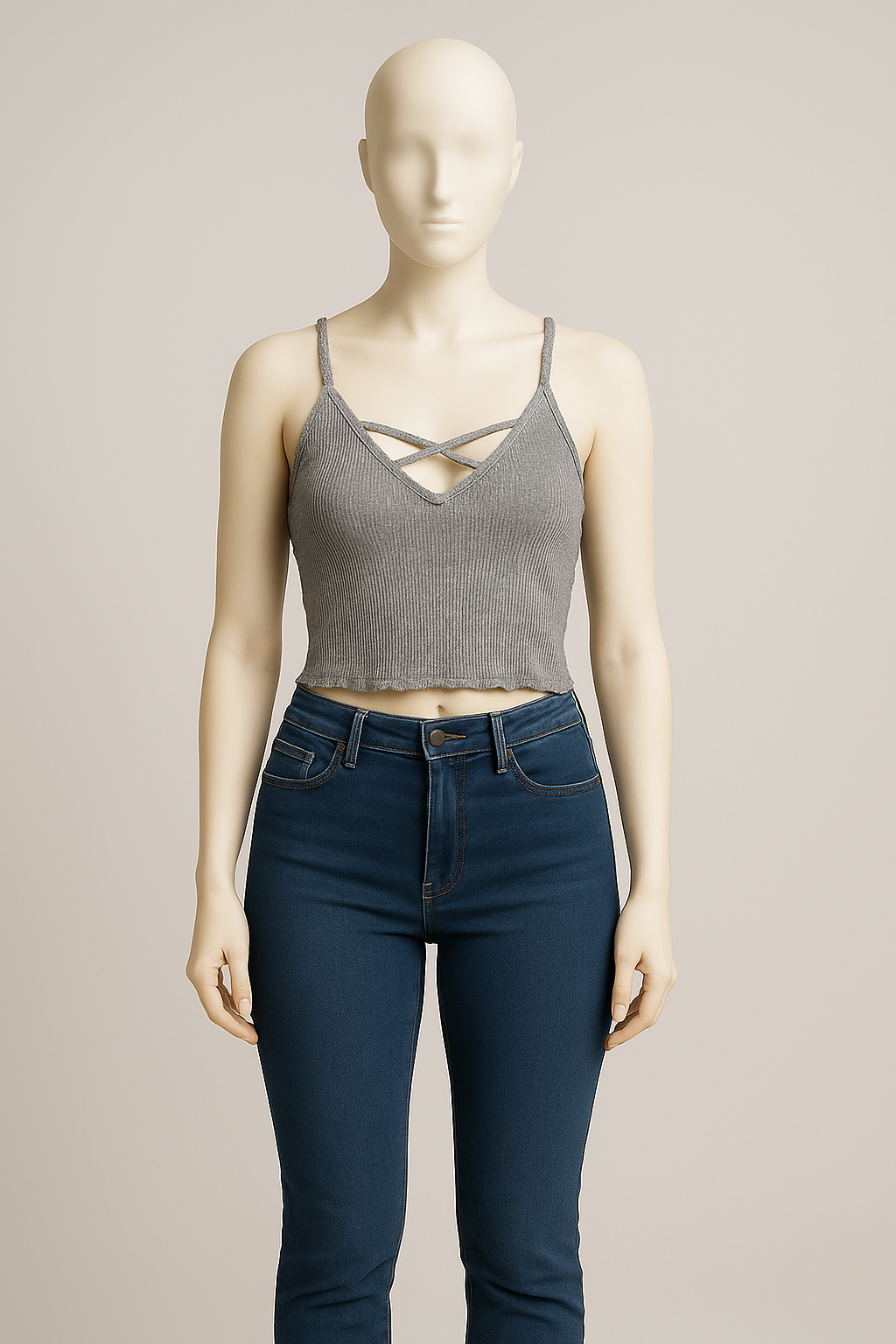 Gray Strappy Ribbed Crop