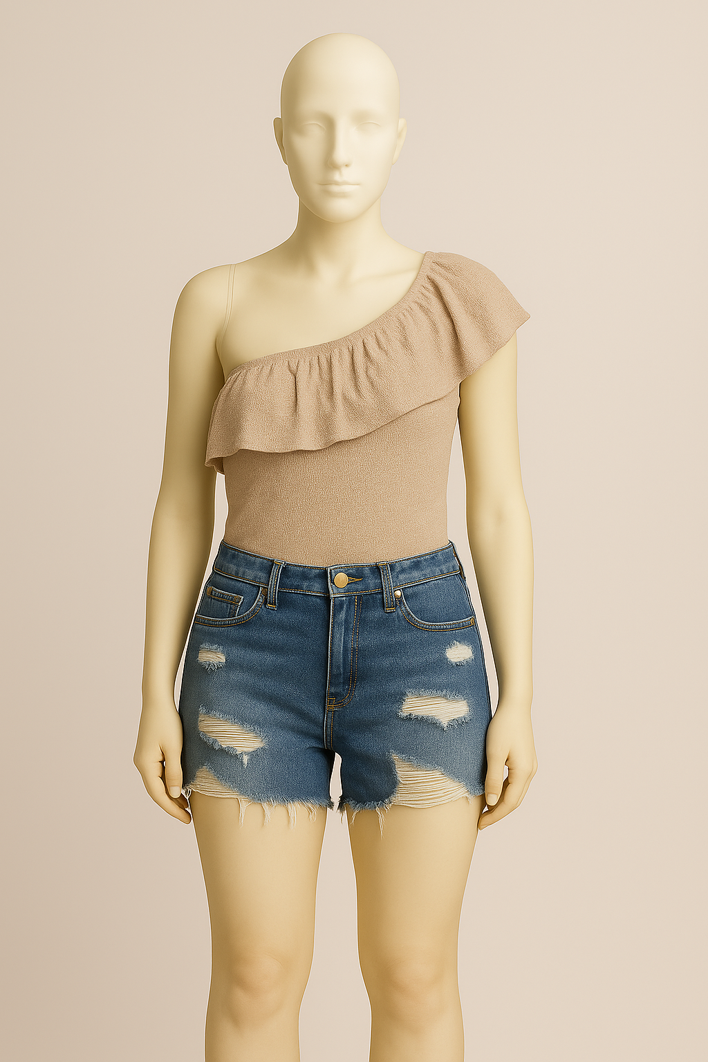 Beige One-Shoulder Ruffle Top