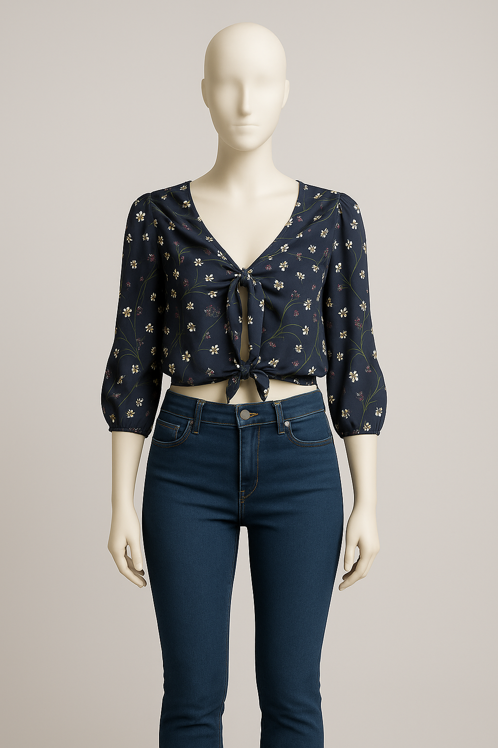 Navy Floral Tie-Front Blouse