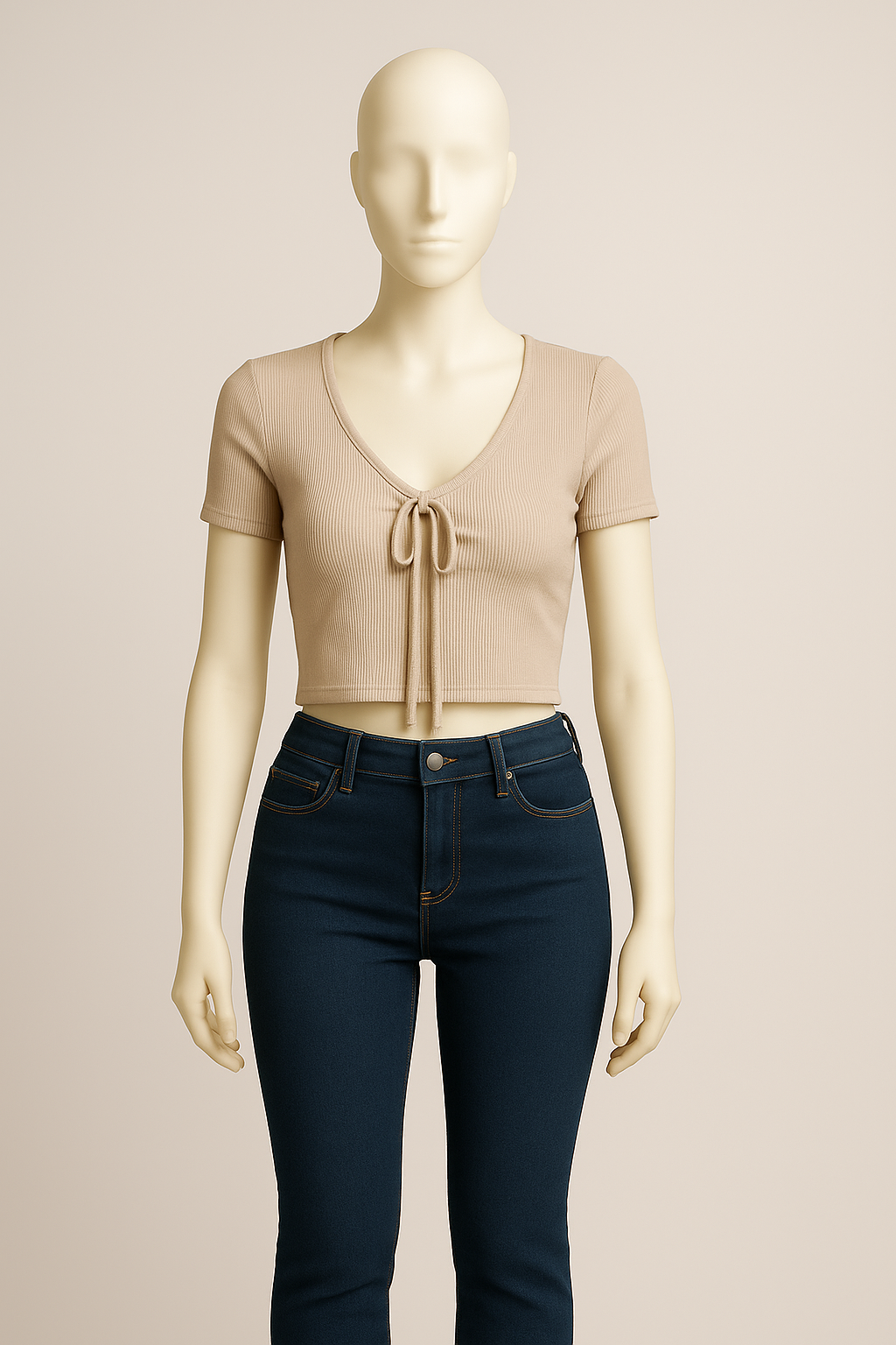 Beige Lace Tie-Front Crop