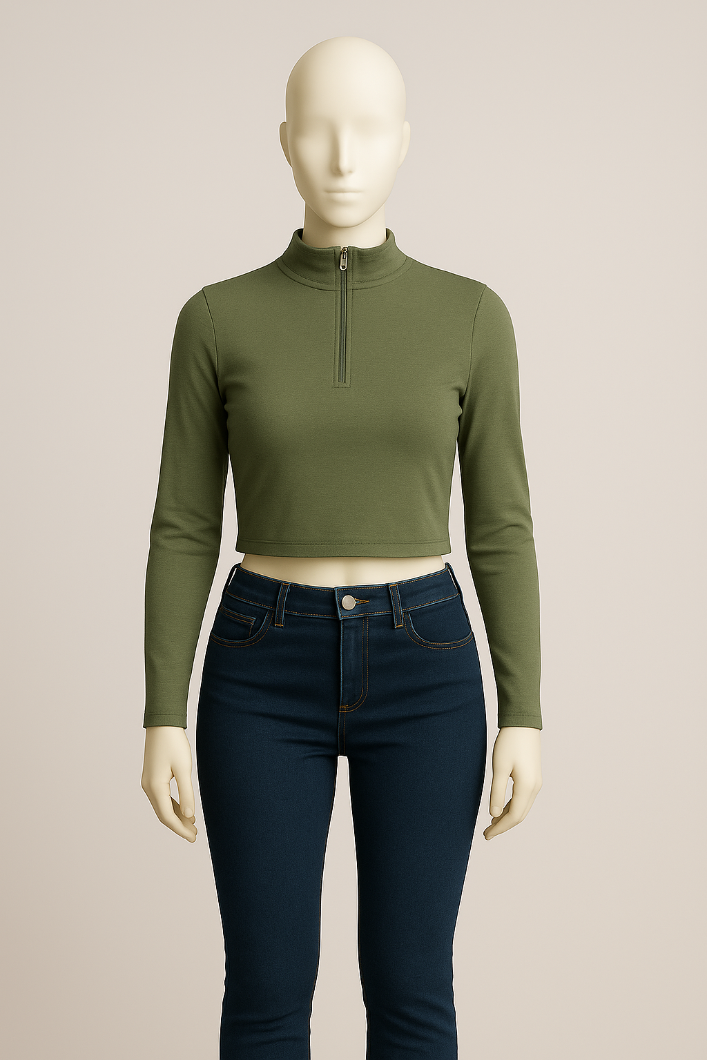 Olive Quarter-Zip Crop